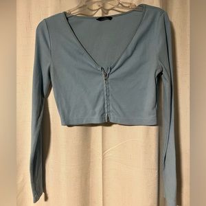 Basic blue cotton long sleeve crop top